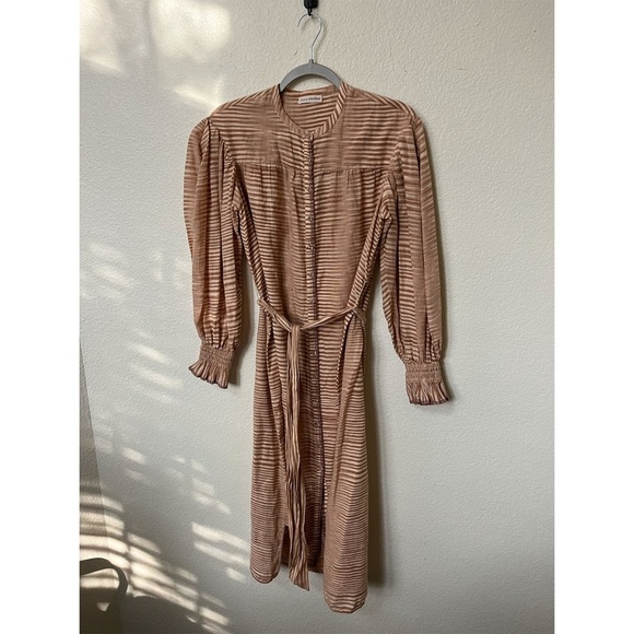 ULLA JOHNSON | Fiora Striped Cotton-Voile Midi Waist Tie Dress in Fawn | Size 2 - Picture 7 of 15